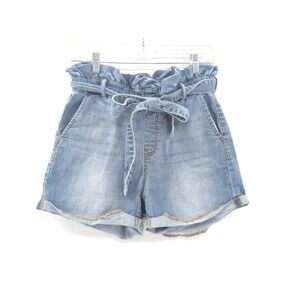 Cello High Rise Stretch TIe Ruffle Waist Jeans Shorts Distressed Cut Off Size M